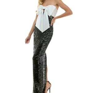 City Studios Strapless Bow-Bodice Sequin Evening Gown – Ivory/Black NWT Size 9